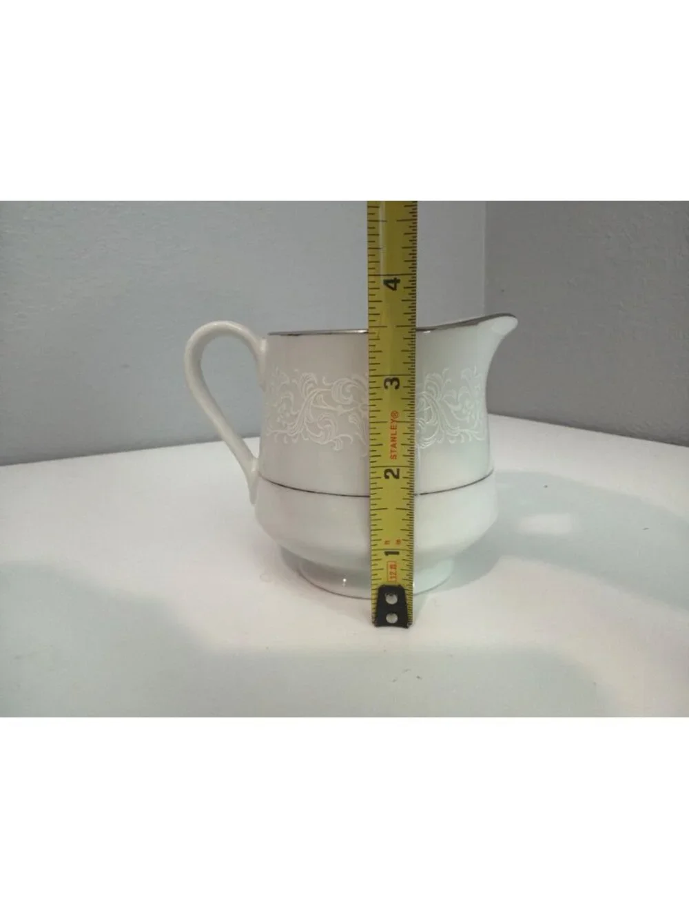 Vtg Rose China Creamer White Spanish Lace w/Silver Trim Classic Elegant Timeless